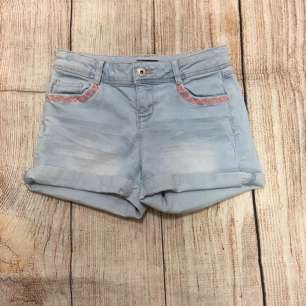 😍Okaidi Kids Light Wash Demin Shorts Coral embroidery Size 14
